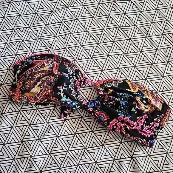 Small Floral bandeau bikini top Kenneth Cole pink black w ring - Picture 1 of 4
